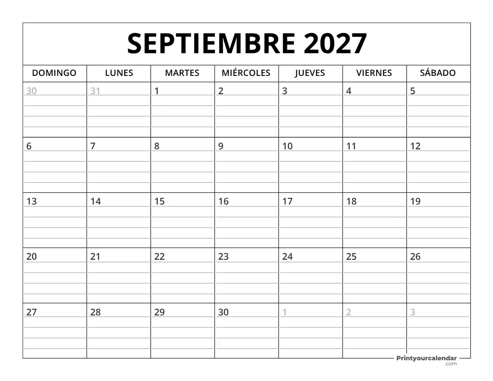 Plantilla de calendario de septiembre de 2027 inicio en lunes
