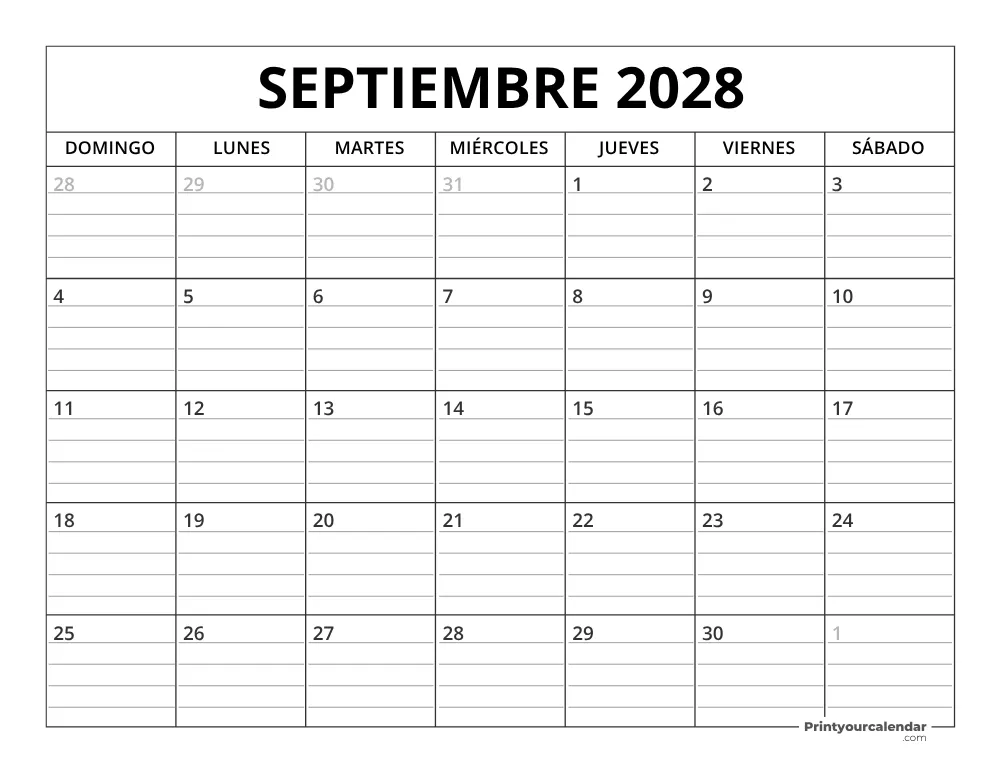 Plantilla de calendario de septiembre de 2028 inicio en lunes