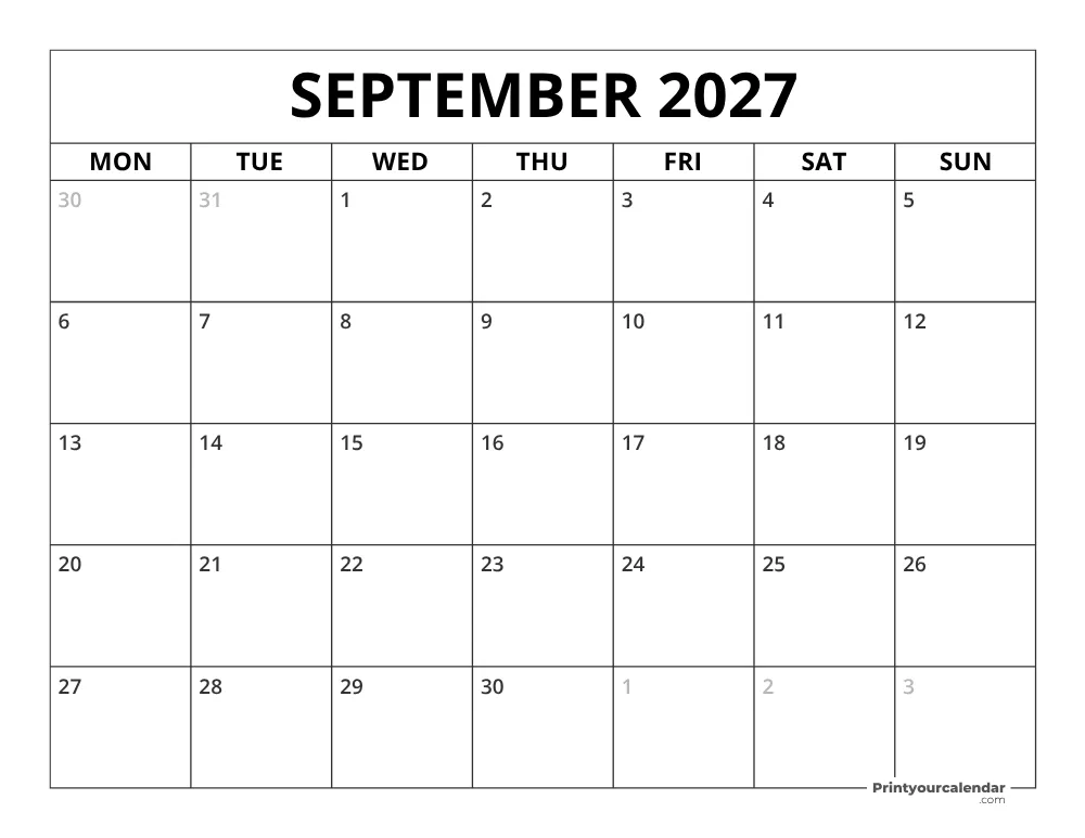 September 2027 Calendar Monday Start