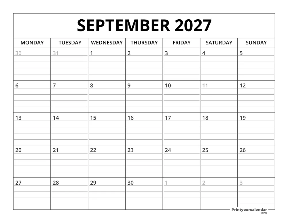 September 2027 Calendar Template Monday Start