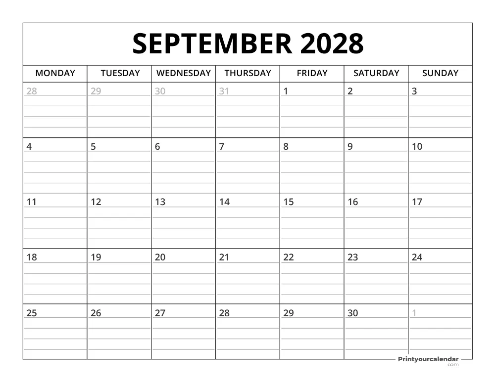 September 2028 Calendar Template Monday Start