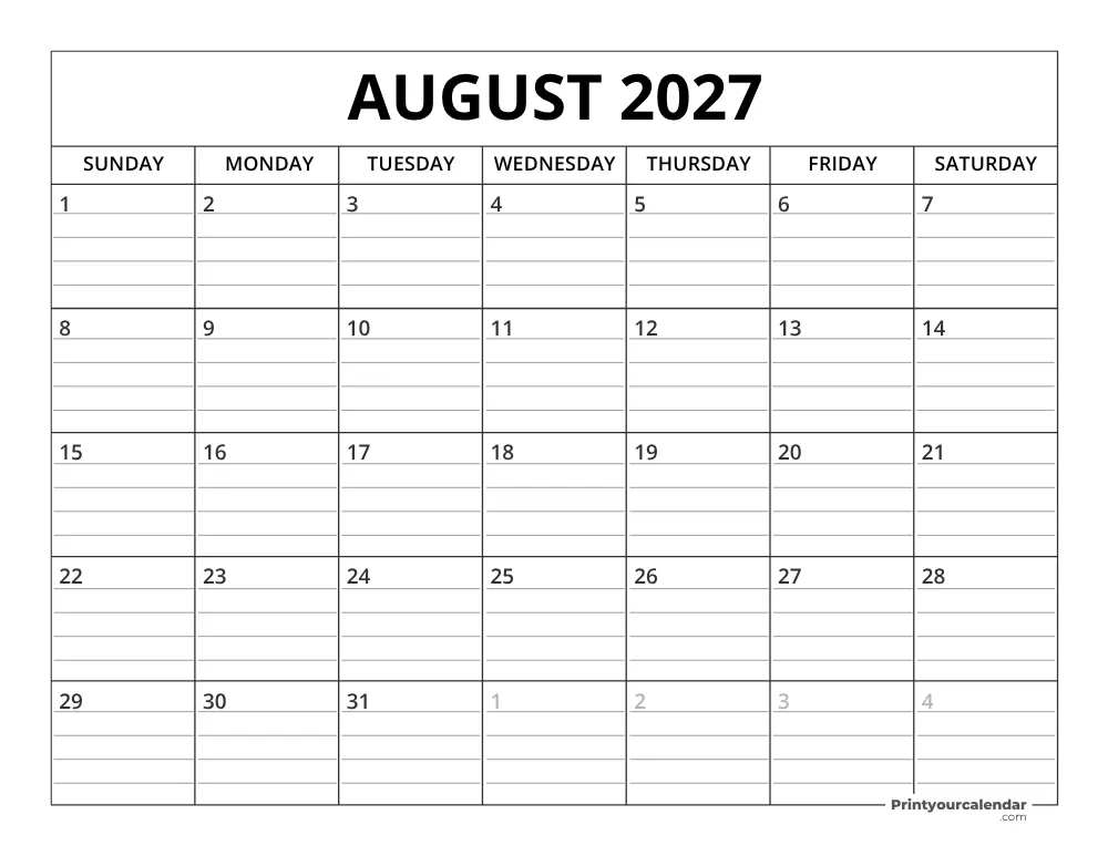 August 2027 Calendar Template