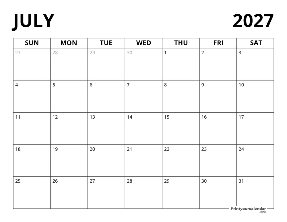 Blank July 2027 Calendar