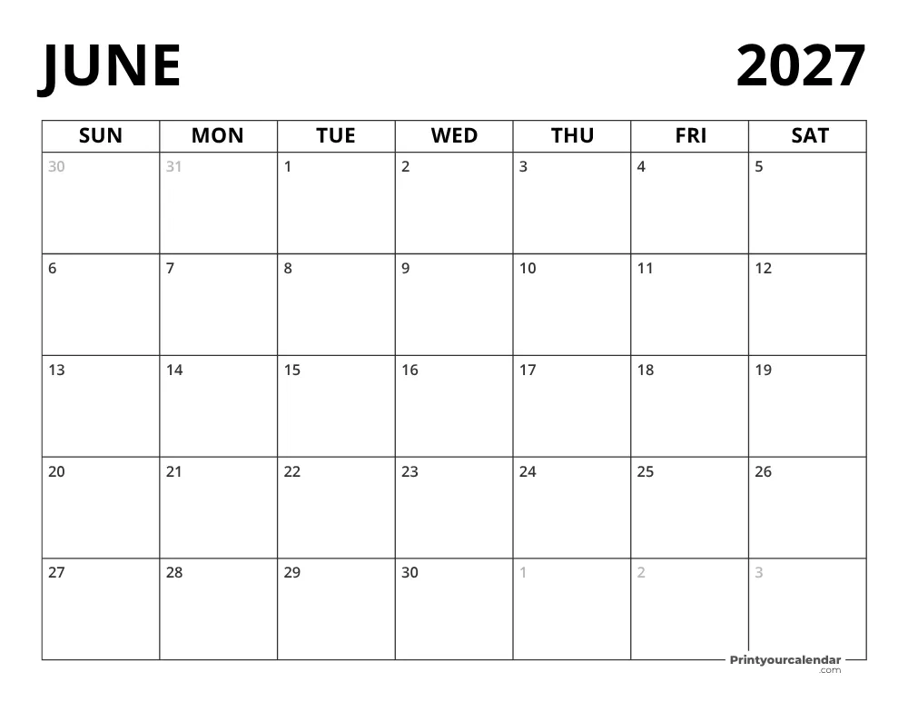 Calendario Junio 2027 en blanco