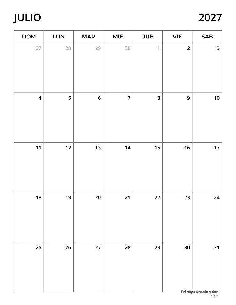 Calendario 2027 Julio