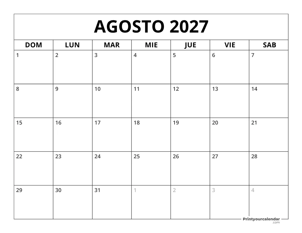 Calendario Agosto 2027