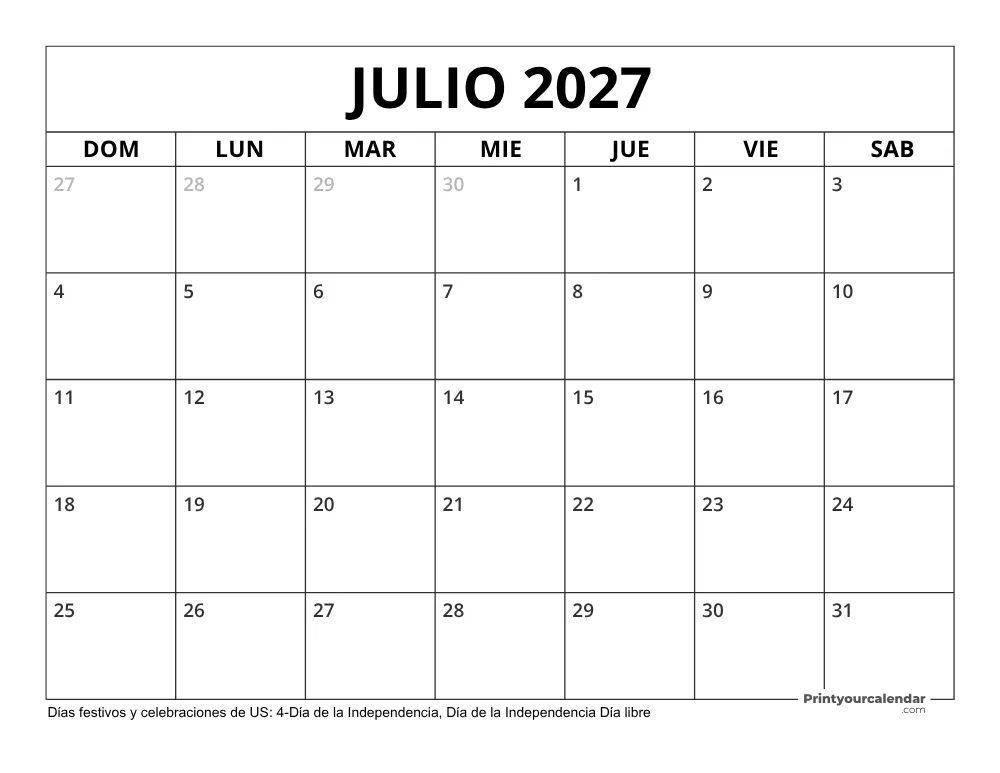 Calendario Julio 2027 con Días Feriados