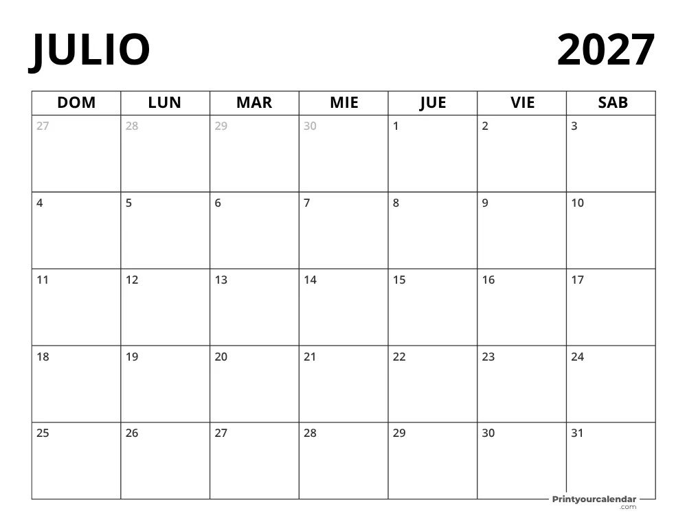 Calendario Julio 2027 en blanco
