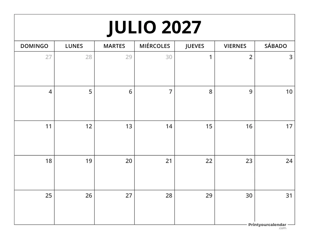 Calendario Julio 2027 Para Imprimir