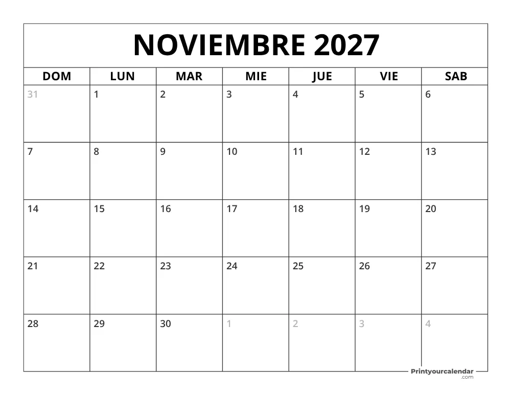 Calendario Noviembre 2027