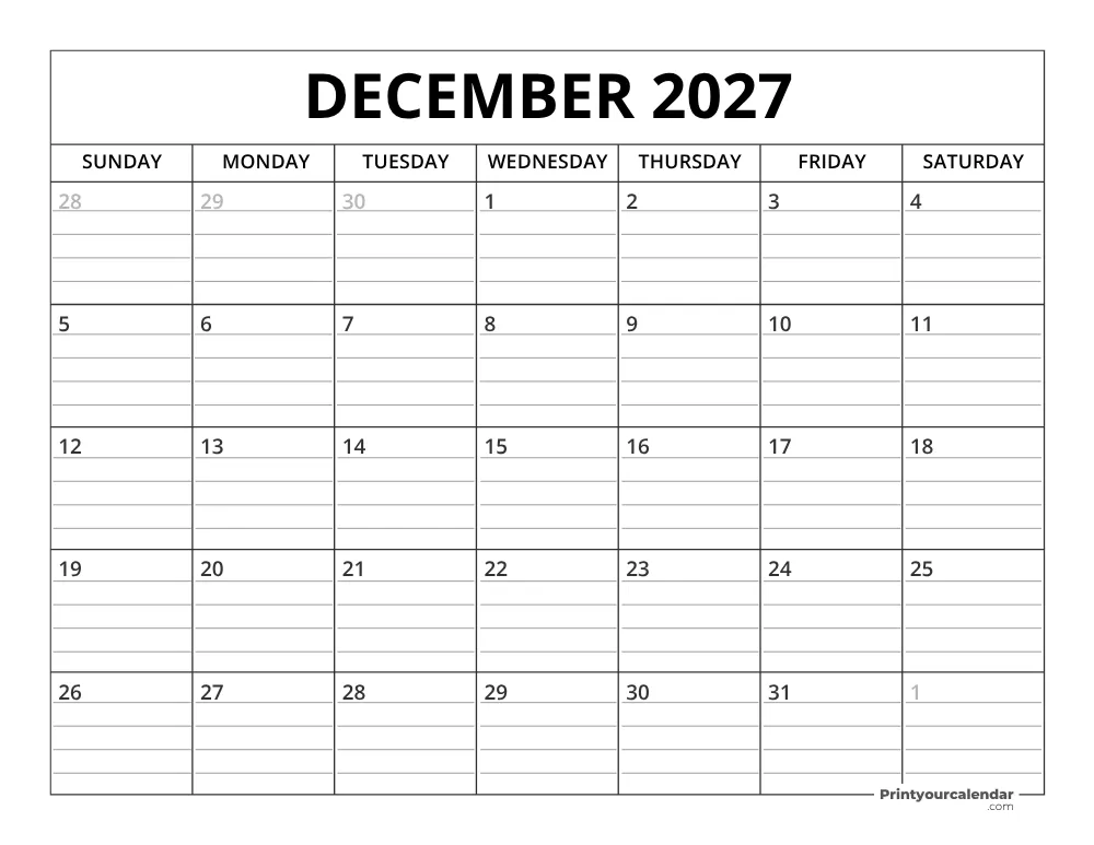 December 2027 Calendar Template