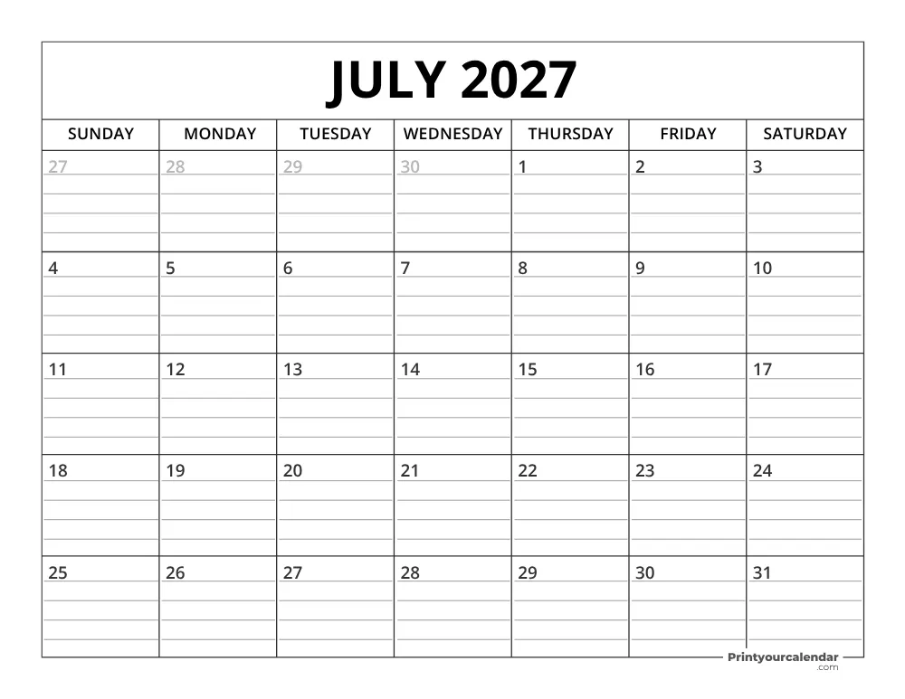 July 2027 Calendar Template
