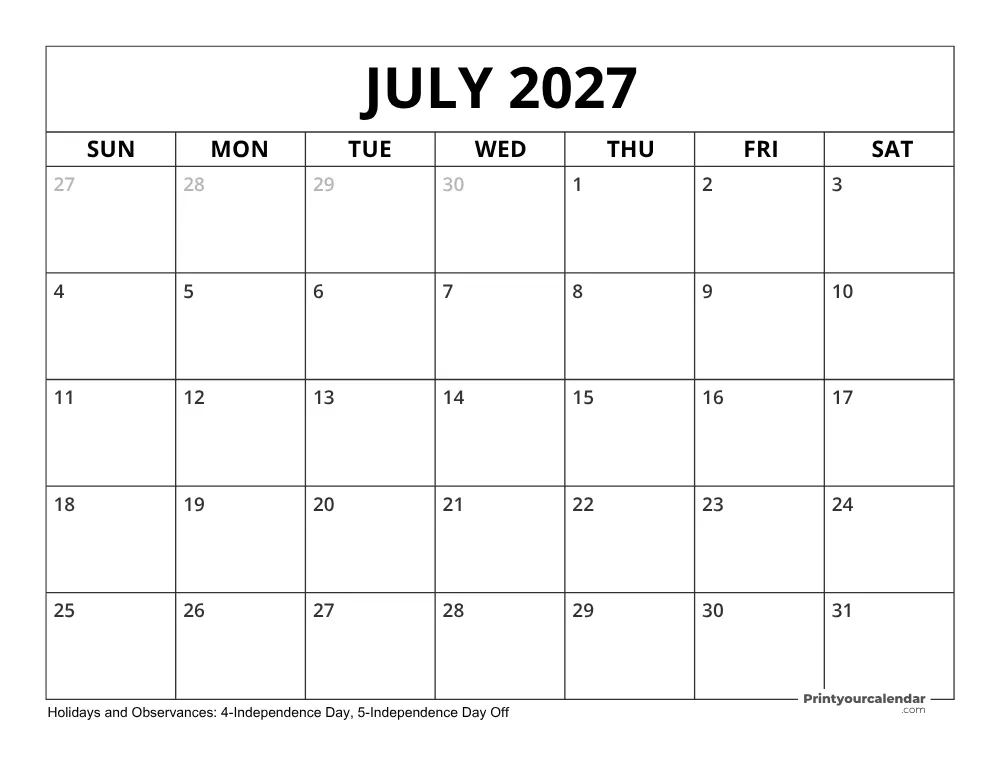 July 2027 Calendar with Holidays
