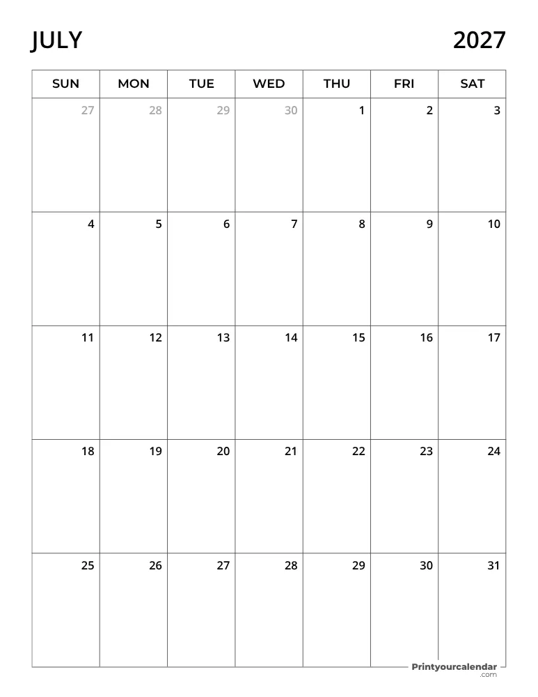 July Calendar 2027
