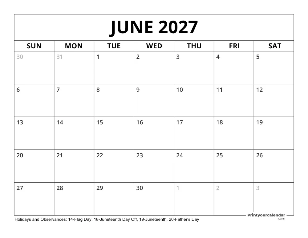 Calendario Junio 2027 con Días Feriados