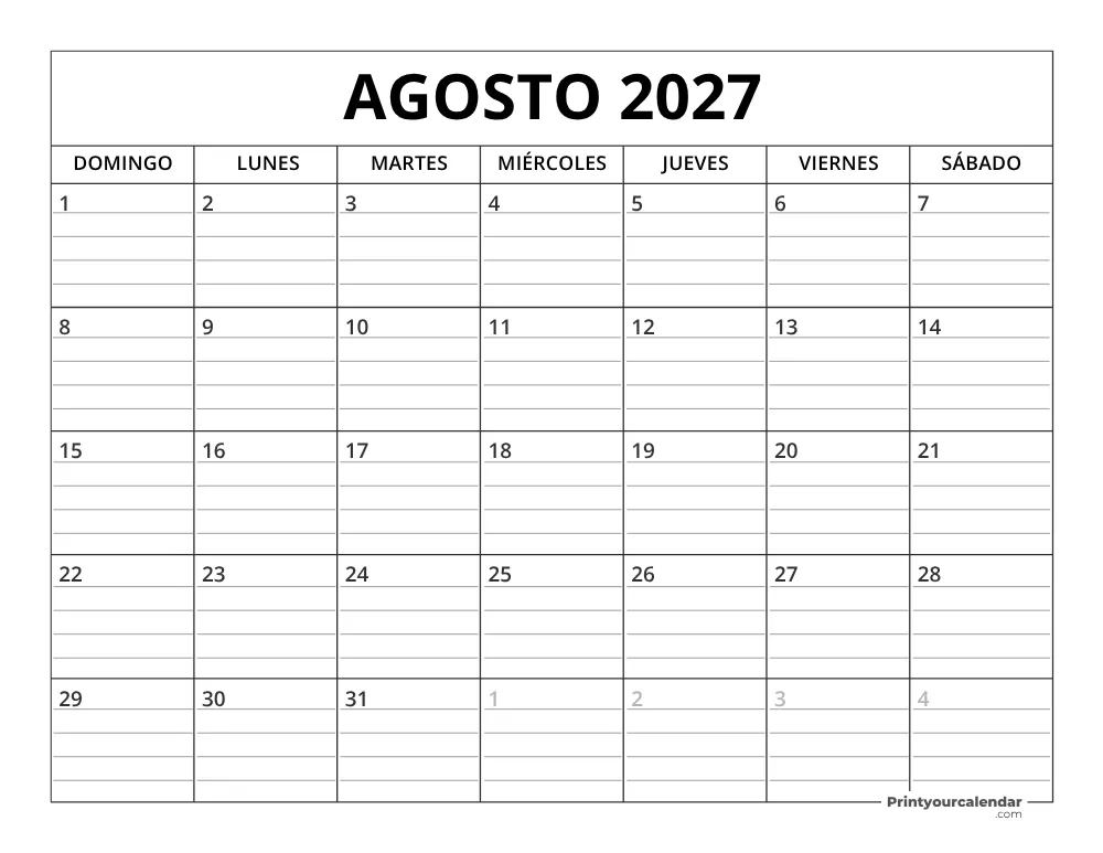 Plantilla de Calendario Agosto de 2027