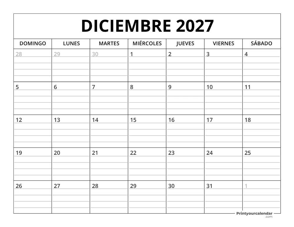 Plantilla de Calendario Diciembre de 2027