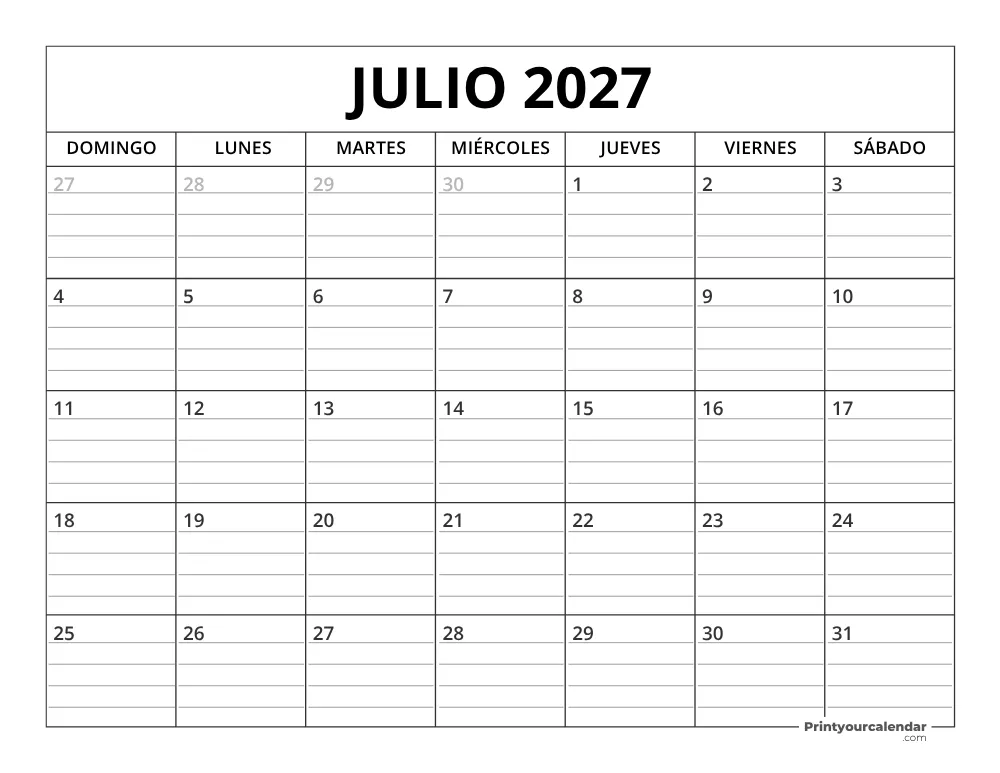 Plantilla de Calendario Julio de 2027