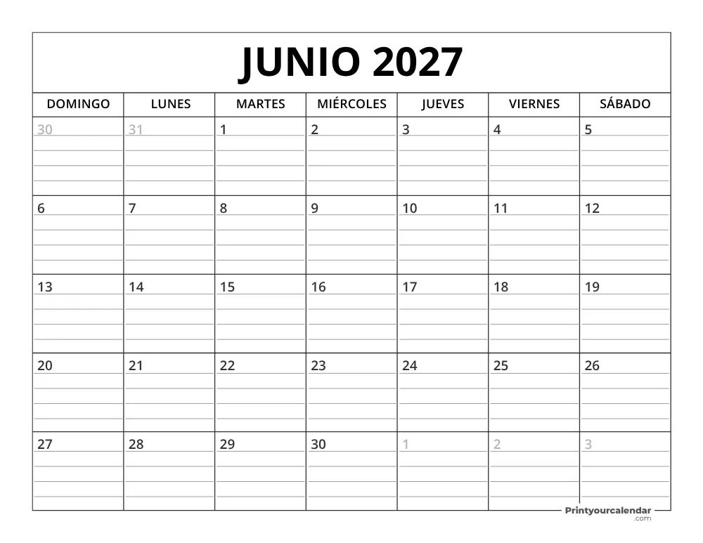 Plantilla de Calendario Junio de 2027