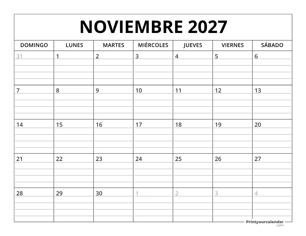 Plantilla de Calendario Noviembre de 2027