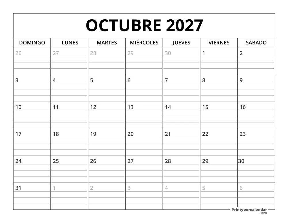 Plantilla de Calendario Octubre de 2027