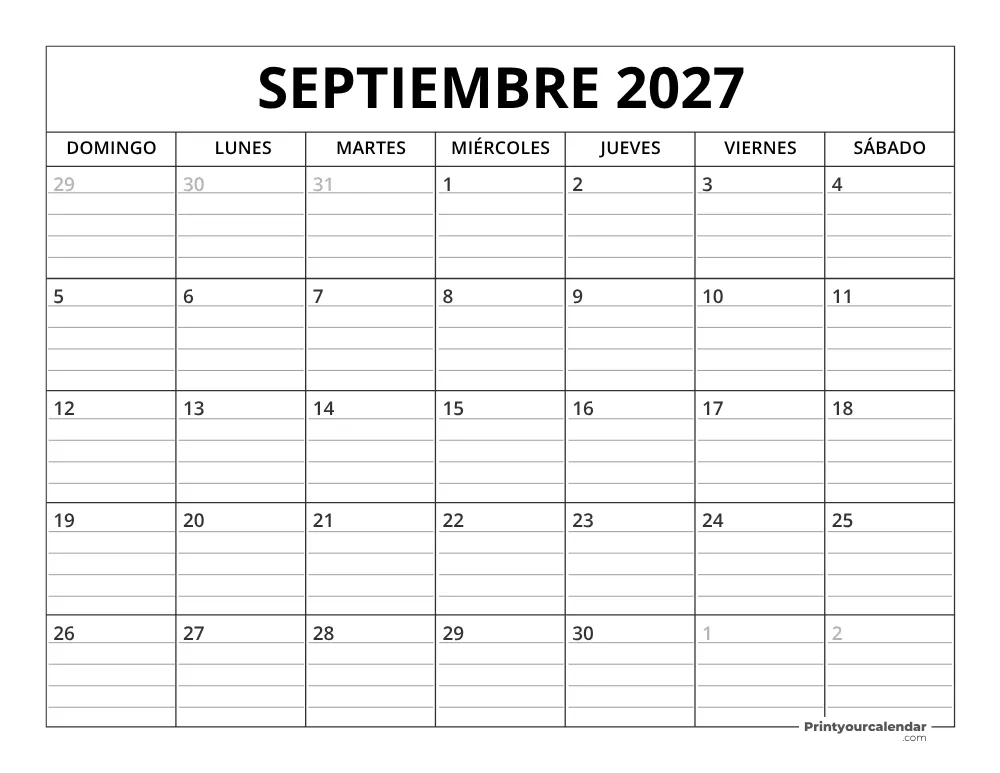 Plantilla de Calendario Septiembre de 2027