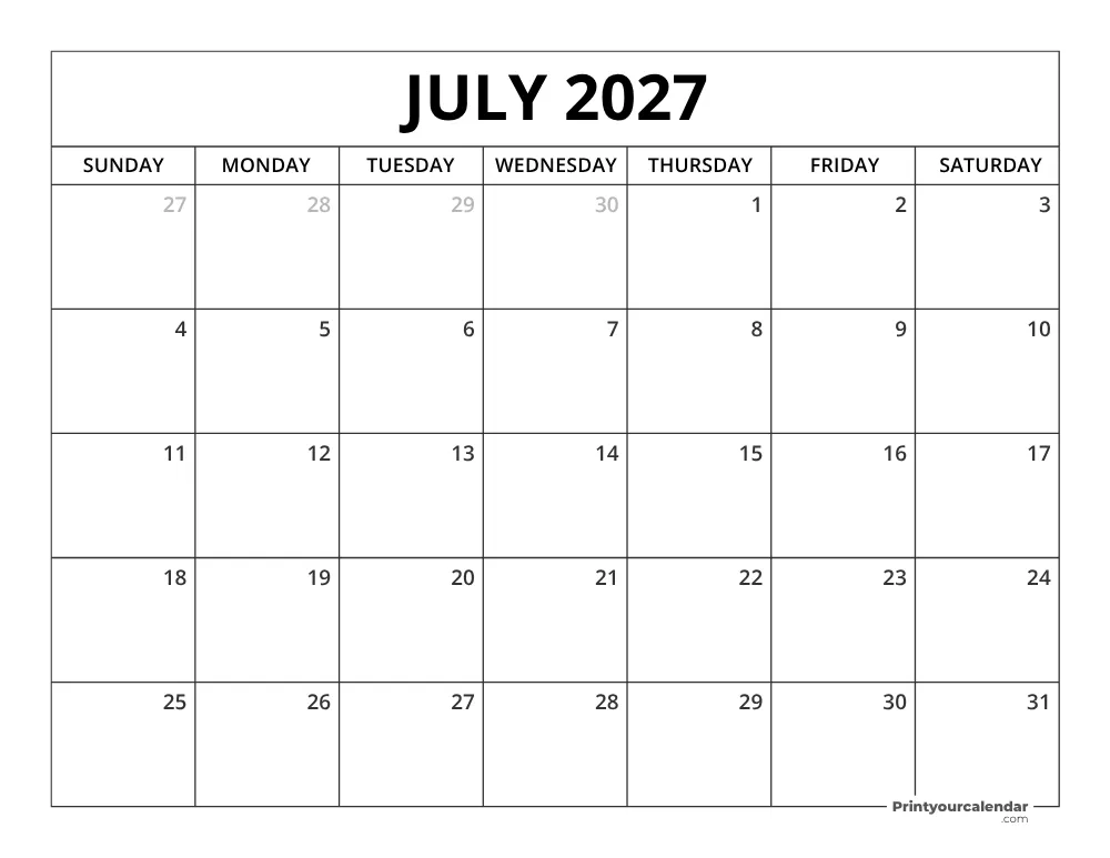 Printable July 2027 Calendar