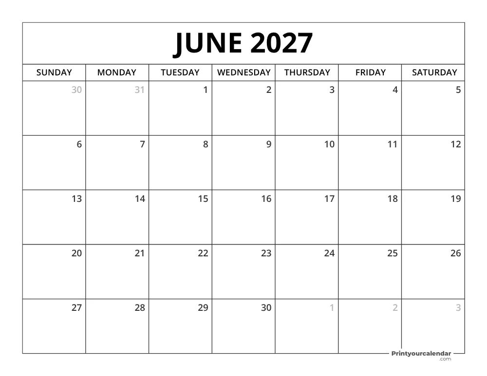 Calendario Junio 2027 Para Imprimir