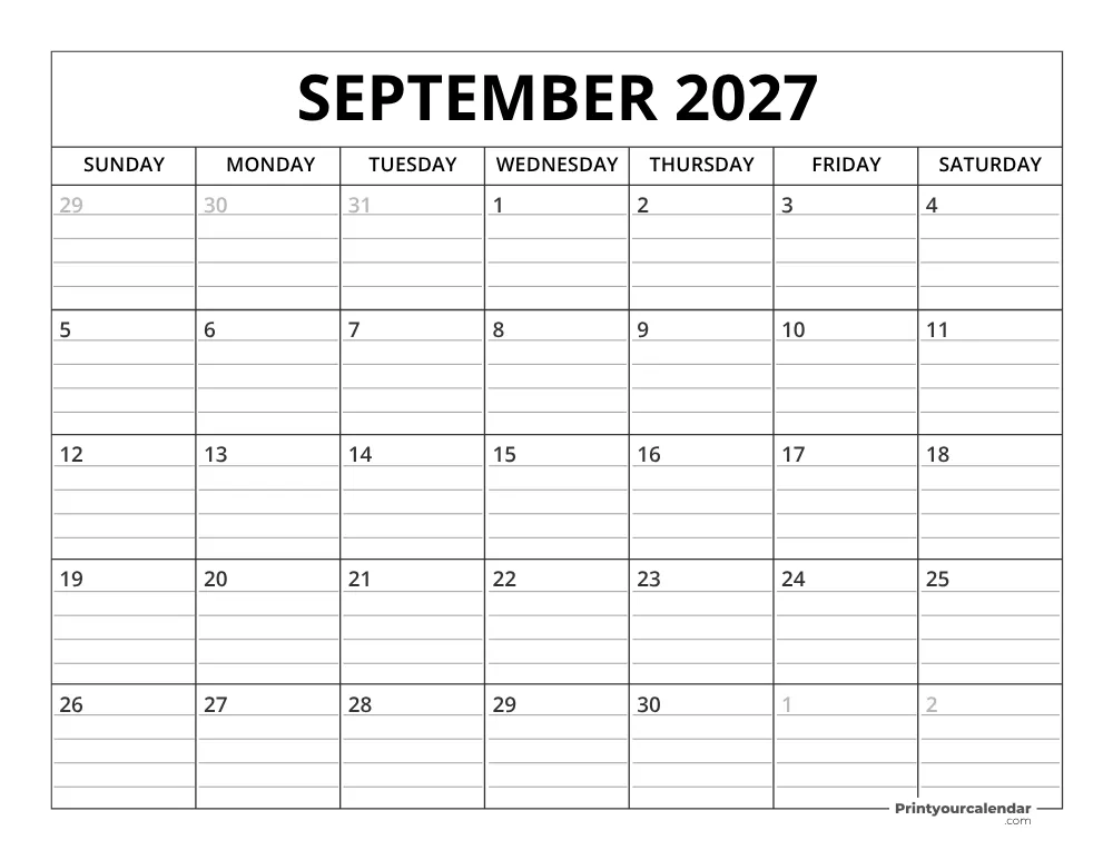 September 2027 Calendar Template
