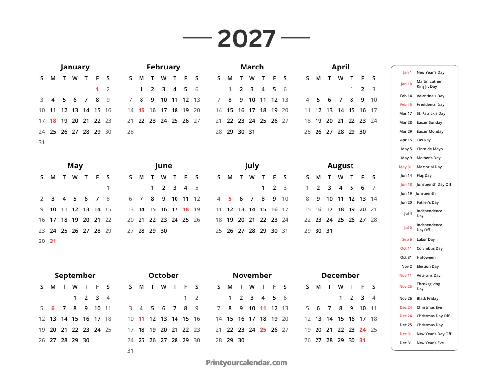 2027 Calendar with Holidays