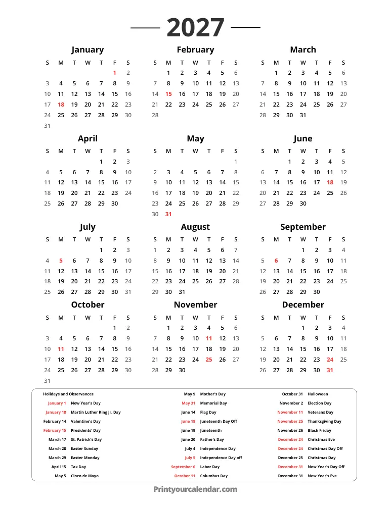 2027 Holiday Calendar