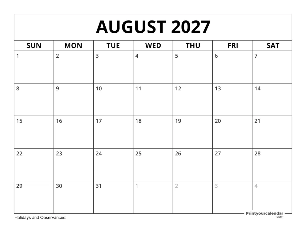 August 2027 Calendar with Holidays