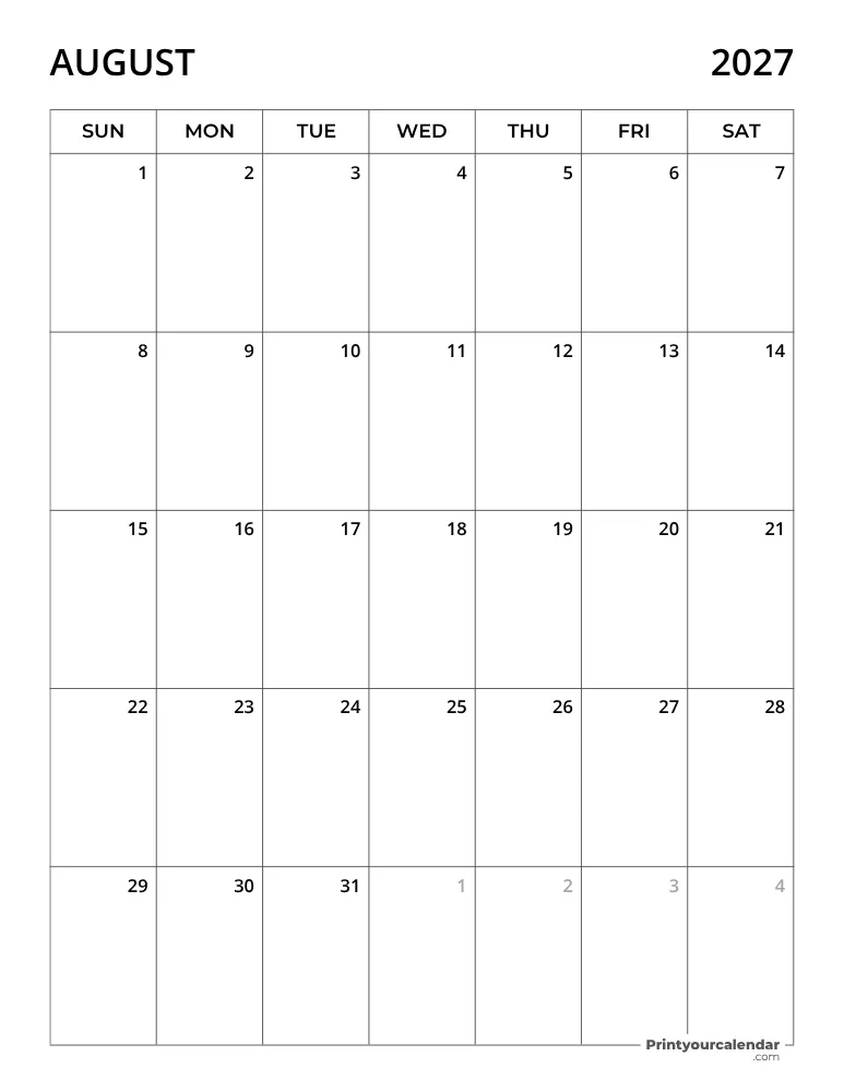 August Calendar 2027