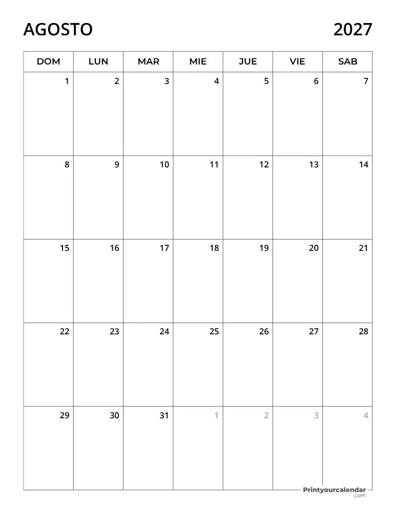 Calendario 2027 Agosto