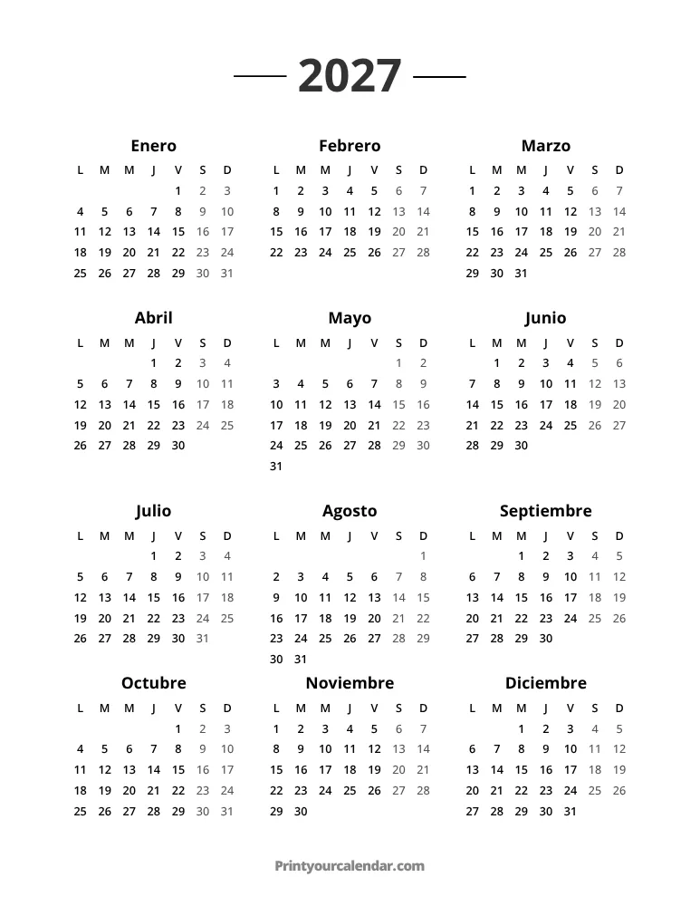 Calendario 2027 Comienza el Lunes
