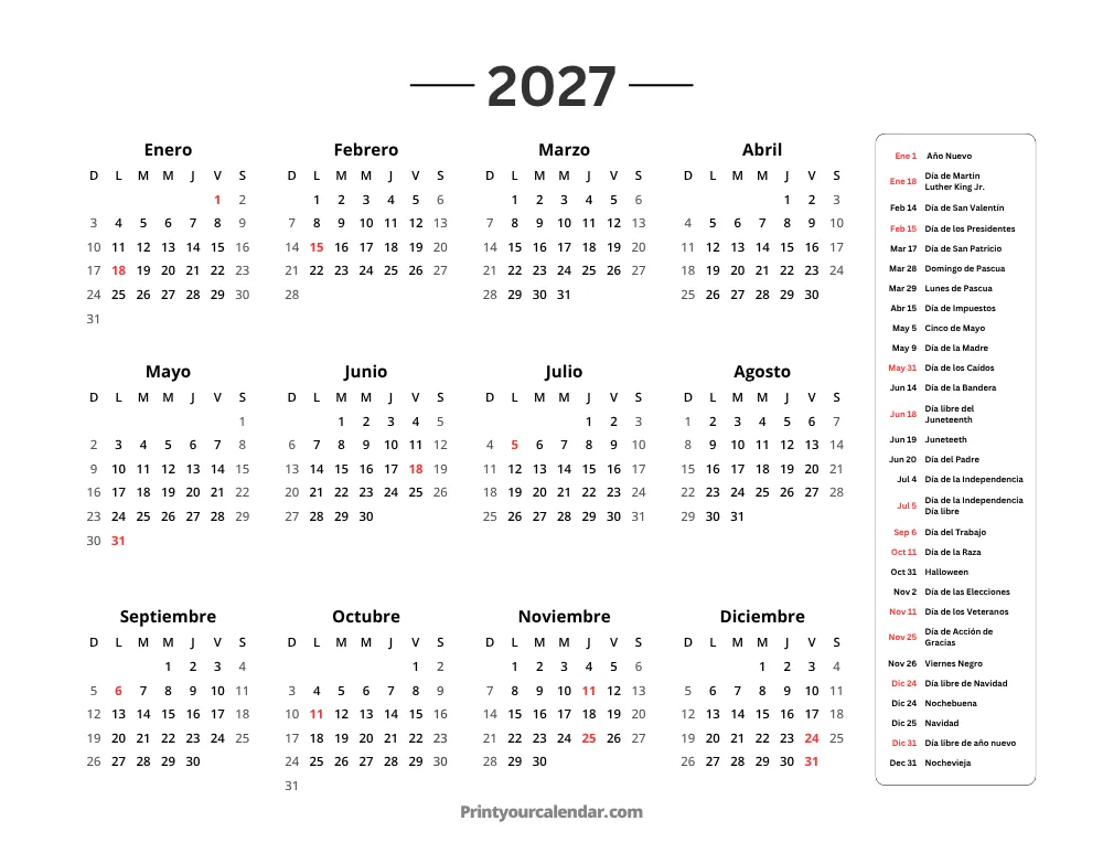 Calendario 2027 con Festivos