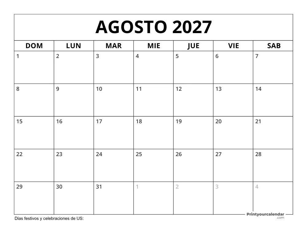 Calendario Agosto 2027 con Días Feriados