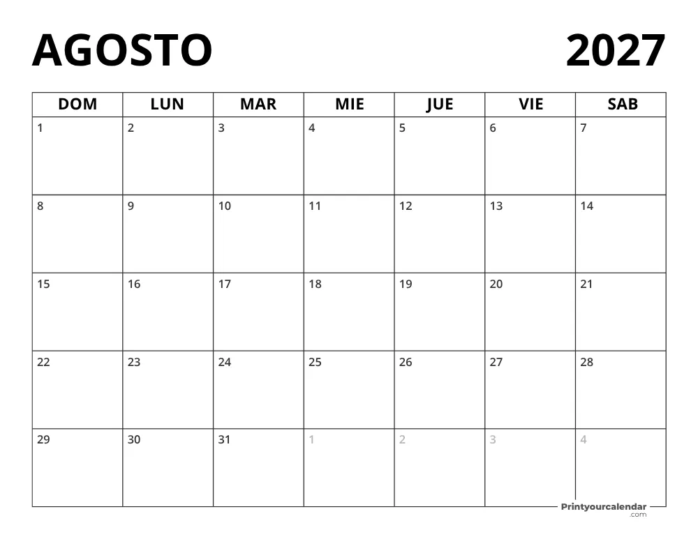 Calendario Agosto 2027 en blanco