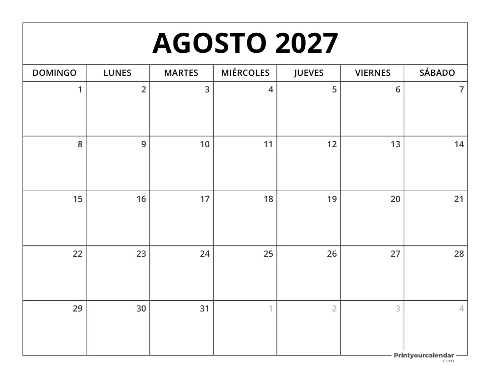 Calendario Agosto 2027 Para Imprimir