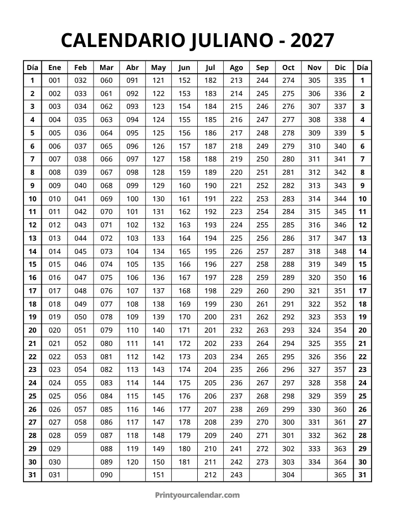 Calendario juliano 2027 gratuito