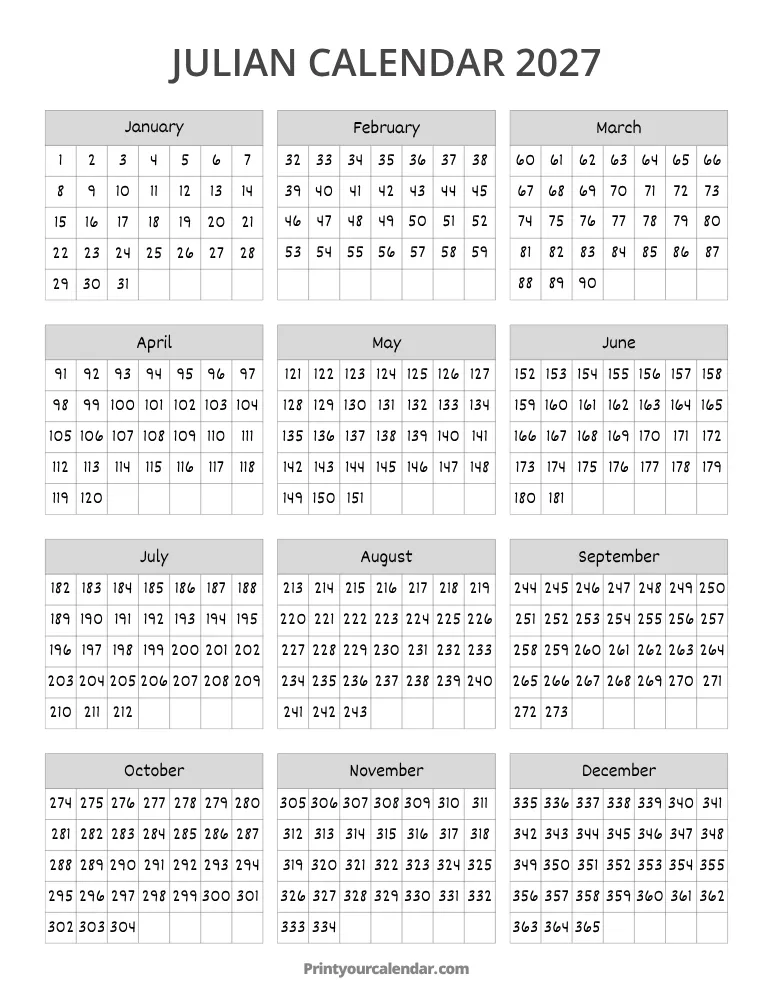 Free Printable Julian Calendar 2027