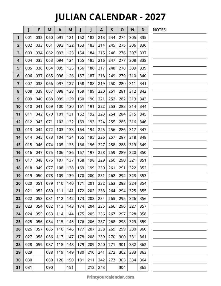 Julian Calendar Template 2027