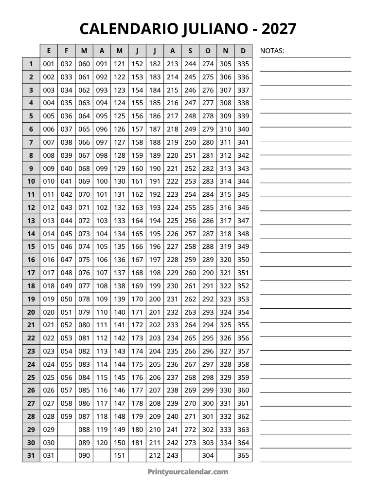 Plantilla de calendario juliano 2027