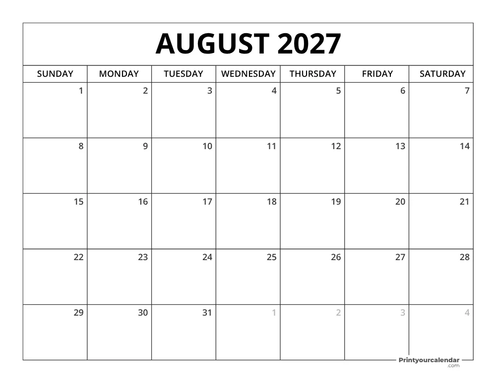 Printable August 2027 Calendar