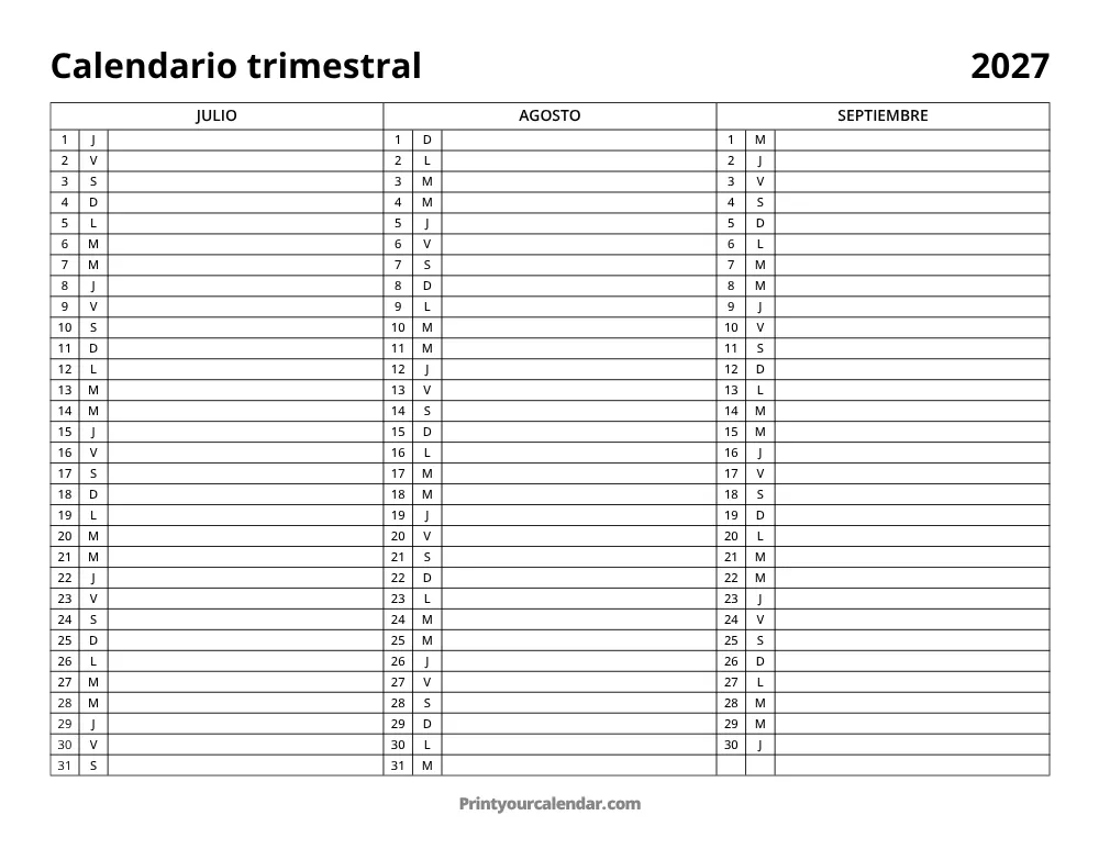 2027 Calendario trimestral T3