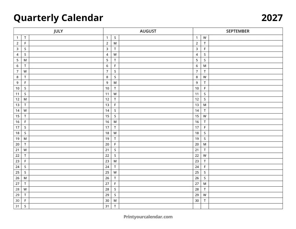 2027 Quarterly Calendar Q3