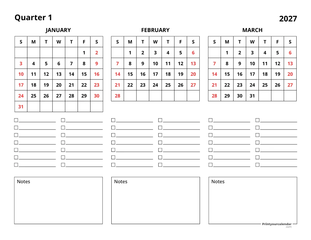 2027 Three Month Calendar Q1
