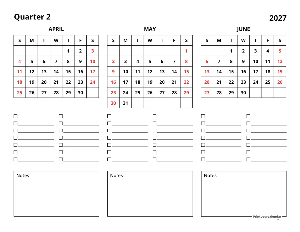 2027 Three Month Calendar Q2
