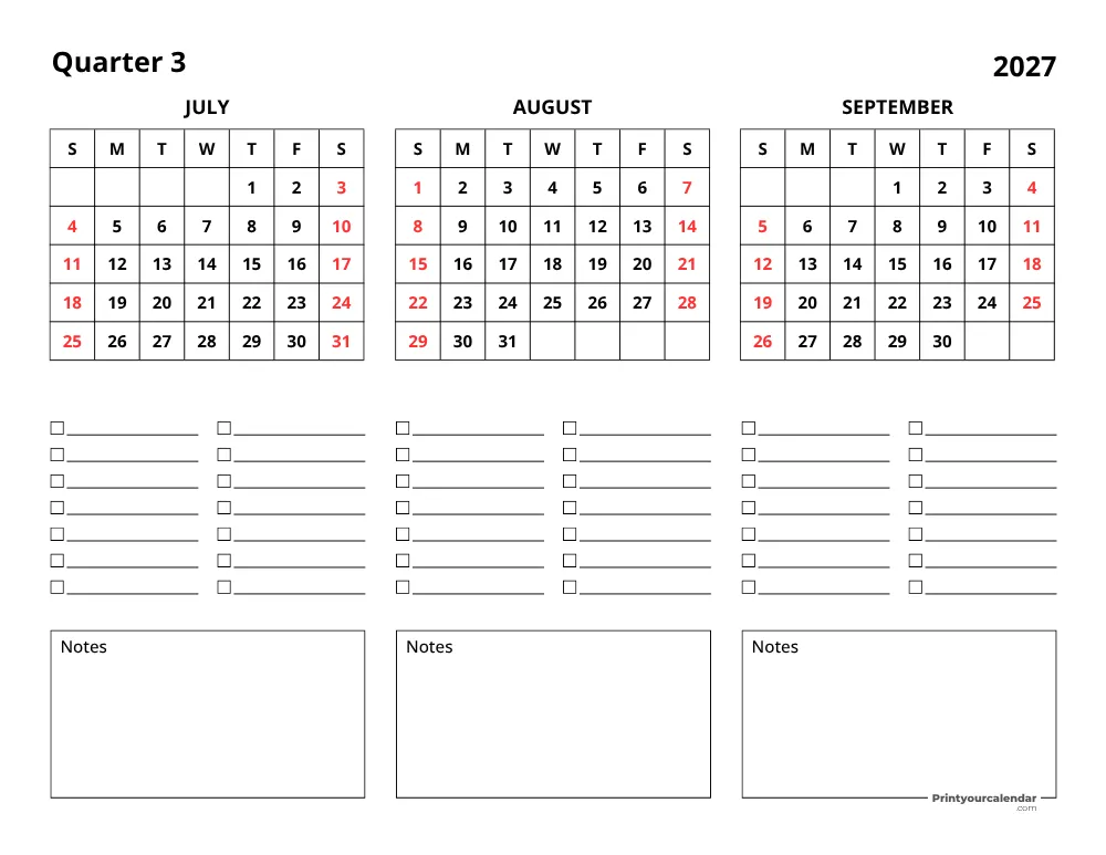 2027 Three Month Calendar Q3