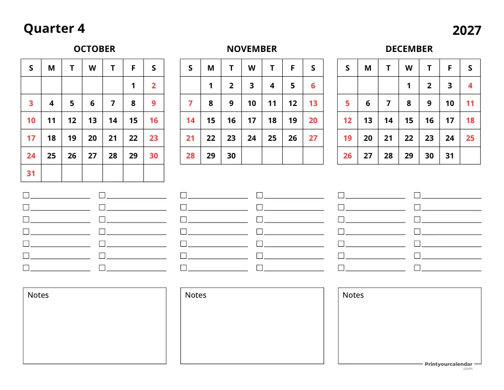 2027 Three Month Calendar Q4